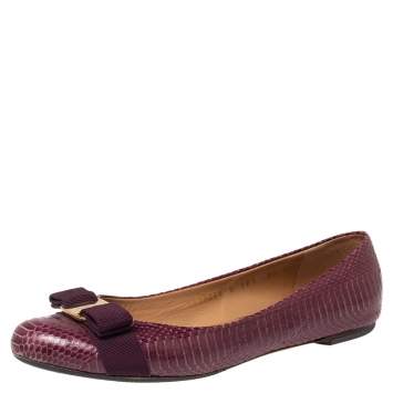 Pre Owned Salvatore Ferragamo Burgundy Python Leather Vara Bow Ballet Flats Size 39