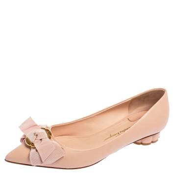 Pre Owned Salvatore Ferragamo Light Pink Leather Bow Ballet Flats Size 37.5