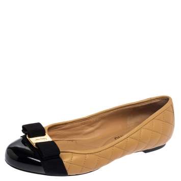Pre Owned Salvatore Ferragamo Beige Quilted Leather Vara Bow Ballet Flats Size 37.5