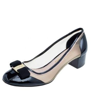Pre Owned Salvatore Ferragamo Black Patent Leather And Mesh Vara Bow Block Heel Pumps Size 40.5