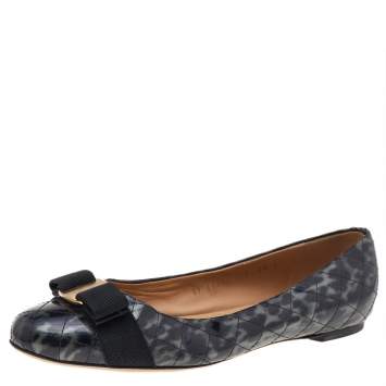 Pre Owned Salvatore Ferragamo Black Quilted Patent Leather Vara Bow Ballet Flats Size 40
