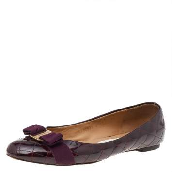 Pre Owned Salvatore Ferragamo Purple Quilted Patent Leather Vara Bow Ballet Flats Size 39