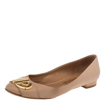 Pre Owned Salvatore Ferragamo Beige Leather Lola Ballet Flats Size 39.5