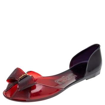 Pre Owned Salvatore Ferragamo Burgundy Jelly Barbados Metal Bow Peep Toe D'orsay Flats Size 38.5