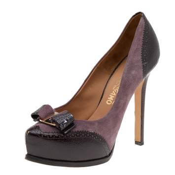 Pre Owned Salvatore Ferragamo Purple/Brown Leather And Suede Vara Bow Pumps Size 40.5