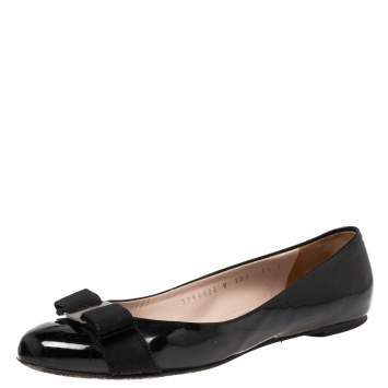 Pre Owned Salvatore Ferragamo Black Patent Leather Vara Bow Ballet Flats Size 38
