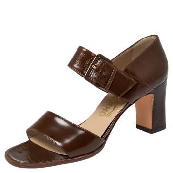 Pre Owned Salvatore Ferragamo Brown Leather Buckle Straps Sandals Size 37.5