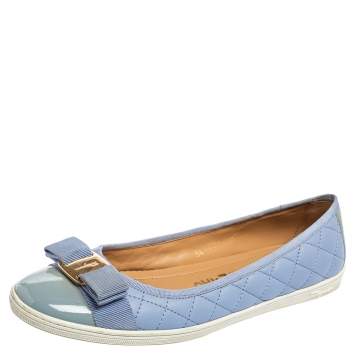 Pre Owned Salvatore Ferragamo Blue Patent And Leather Vara Bow Ballet Flats Size 39