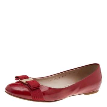 Pre Owned Salvatore Ferragamo Red Patent Leather Vara Bow Ballet Flats Size 39.5