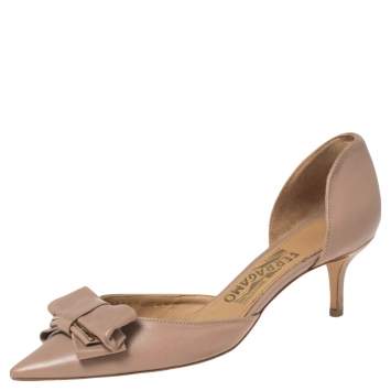 Pre Owned Salvatore Ferragamo Beige  Leather  Bow Rietta D’orsay Pointed Toe Pumps Size 37