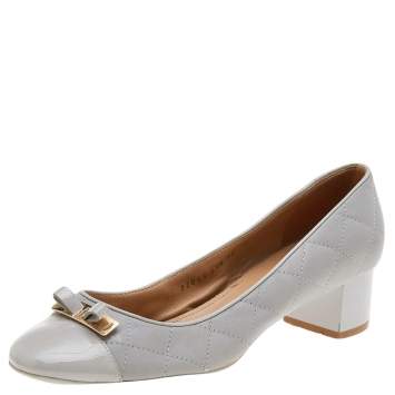 Pre Owned Salvatore Ferragamo Grey Patent Leather And Quilted Leather Block Heel Pumps Size 40.5