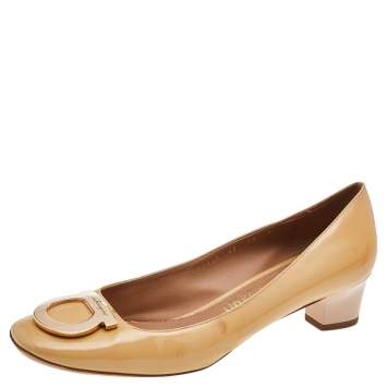 Pre Owned Salvatore Ferragamo Beige Patent Leather Block Heel Pumps Size 40.5