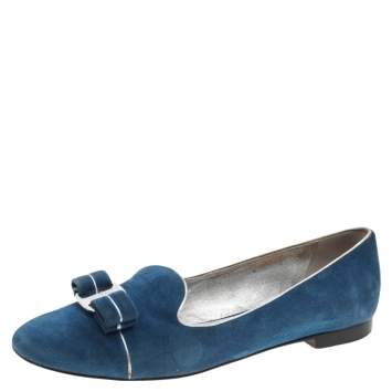 Pre Owned Salvatore Ferragamo Blue Suede Vara Bow Smoking Slippers Size 37.5