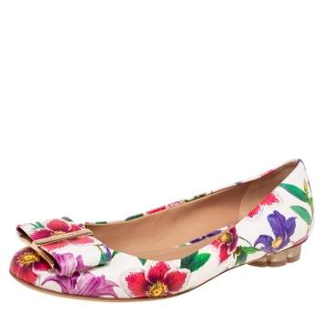Pre Owned Salvatore Ferragamo Multicolor Floral Print Leather Avola Bow Ballet Flats Size 36 