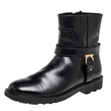 Pre Owned Salvatore Ferragamo Black Leather Gancini Logo Buckle Ankle Boots Size 39.5