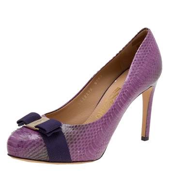 Pre Owned Salvatore Ferragamo Purple Water Snake Pimpa Vara Bow Pumps Size 38