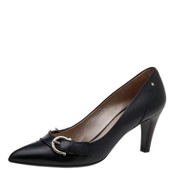 Pre Owned Salvatore Ferragamo Black Leather Buckle Detail Pointed Toe Pumps Size 38.5