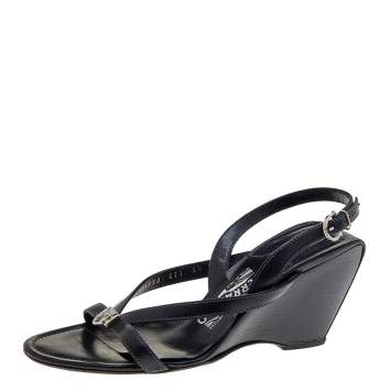 Pre Owned Salvatore Ferragamo Black Leather Wedge Sandals Size 40