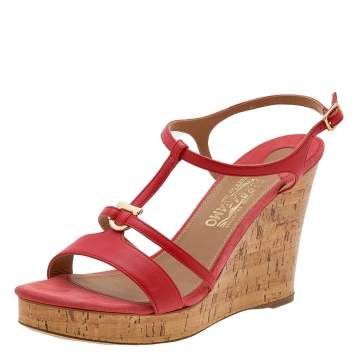 Pre Owned Salvatore Ferragamo Burnt Orange Leather Ankle Strap Wedge Sandals Size 40.5