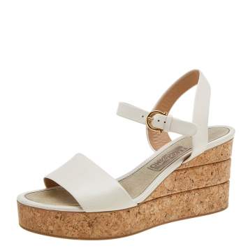 Pre Owned Salvatore Ferragamo Beige Leather Cork Wedge Sandals Size 40.5