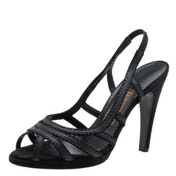 Pre Owned Salvatore Ferragamo Black Karung and Suede Peep Toe Slingback Sandals Size 40
