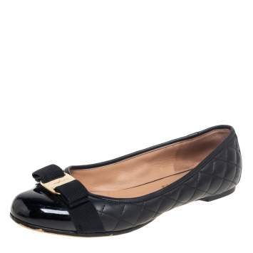 Pre Owned Salvatore Ferragamo Black Patent and Leather Vara Bow Ballet Flats Size 38.5