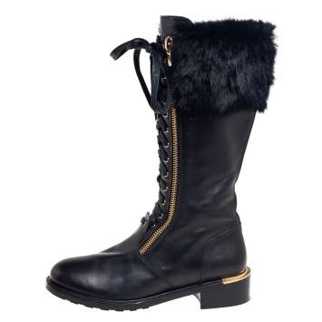 Pre Owned Salvatore Ferragamo Black Leather And Fur Trim Lapo Tall Combat Boots Size 39