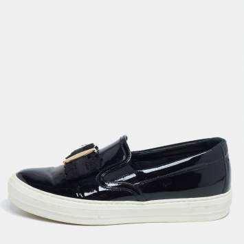 Pre Owned Salvatore Ferragamo Black Patent Leather Bow Slip-On Sneakers Size 39.5