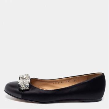 Pre Owned Salvatore Ferragamo Black Leather And Satin Crystal Embellished Bow Ballet Flats Size 38