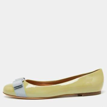 Pre Owned Salvatore Ferragamo Green Patent Leather Bow Varina Ballet Flats Size 38