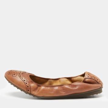 Pre Owned Salvatore Ferragamo Brown Brogue Leather Scrunch Ballet Flats Size 40.5