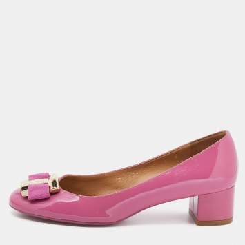 Pre Owned Salvatore Ferragamo Pink Patent Leather Block Heel Pumps Size 36.5
