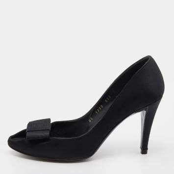 Pre Owned Salvatore Ferragamo Black Satin Bow Peep Toe Pumps Size 37.5