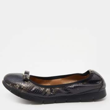 Pre Owned Salvatore Ferragamo Brown Python Embossed Leather Vara Bow Scrunch Ballet Flats Size 39.5