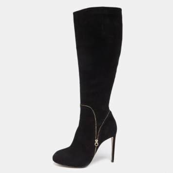 Pre Owned Salvatore Ferragamo Black Suede Zip Detail Knee Length Boots Size 39.5