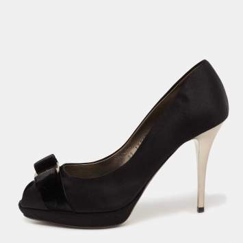 Pre Owned Salvatore Ferragamo Black Satin and Velvet Vara Bow Peep-Toe Pumps Size 37.5