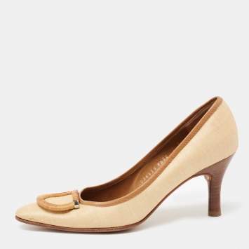 Pre Owned Salvatore Ferragamo Beige/Brown Woven Canvas And Leather Pumps Size 37.5