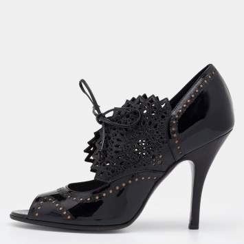 Pre Owned Salvatore Ferragamo Black Laser Cut Patent And Leather Peep Toe Booties Size 38.5