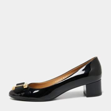 Pre Owned Salvatore Ferragamo Black Patent Leather Ninna Block Heel Pumps Size 36