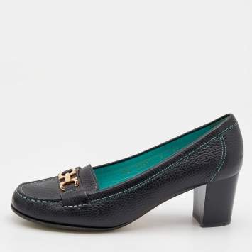 Pre Owned Salvatore Ferragamo Black Leather Loafer Pumps Size 39.5