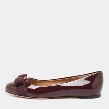 Pre Owned Salvatore Ferragamo Burgundy Patent Leather Vara Bow Ballet Flats Size 38.5
