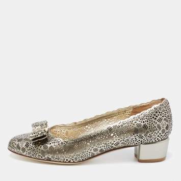 Pre Owned Salvatore Ferragamo Metallic Grey Perforated Leather Varina Bow Ballet Flats Size 38.5