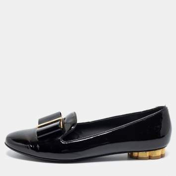 Pre Owned Salvatore Ferragamo Black Patent Leather Bow Sarno Flower Heel Loafers Size 37