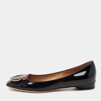 Pre Owned Salvatore Ferragamo Black Patent Leather Rebi Gancio Ballet Flats Size 36.5