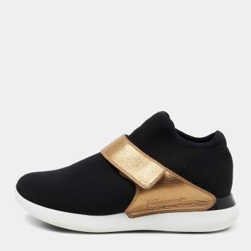 Pre Owned Salvatore Ferragamo Black/Gold Stretch Fabric And Leather Sneakers Size 39.5