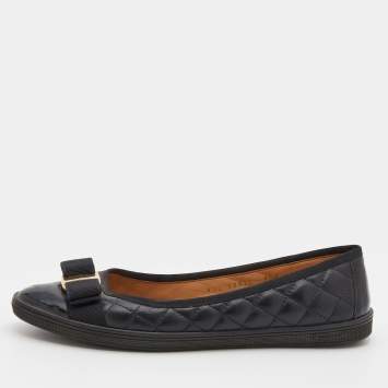 Pre Owned Salvatore Ferragamo Black Quilted Leather Vara Bow Ballet Flats Size 39