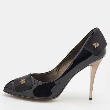Pre Owned Salvatore Ferragamo Black Patent Leather and Satin Peep Toe Pumps Size 40