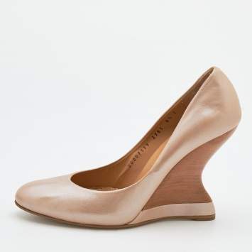 Pre Owned Salvatore Ferragamo Metallic Beige Leather Wedge Pumps Size 39 