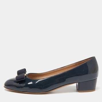 Pre Owned Salvatore Ferragamo Navy Blue Patent Leather Vara Bow Block Heel Pumps Size 37