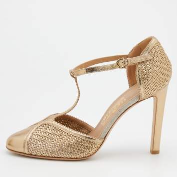 Pre Owned Salvatore Ferragamo Gold Leather Emanuela T-Strap Pumps Size 40